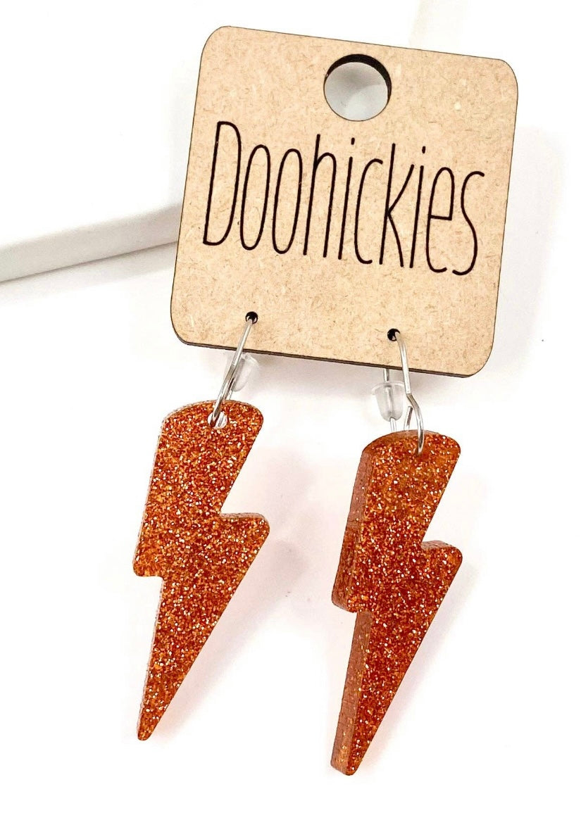 Orange Glitter School Spirit Bolt Dangle Earrings