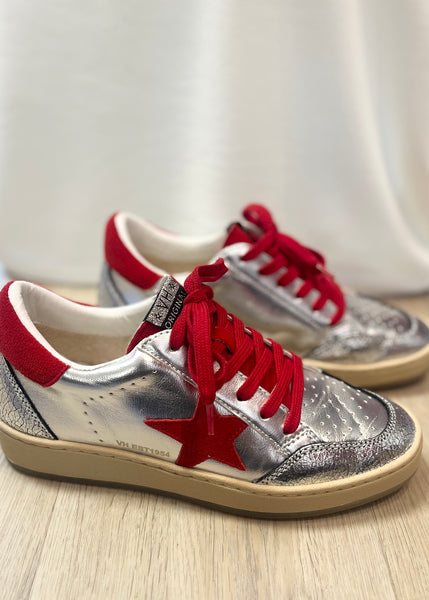 Vintage Havana: Denisse Metallic Washed Silver/ Red Sneakers