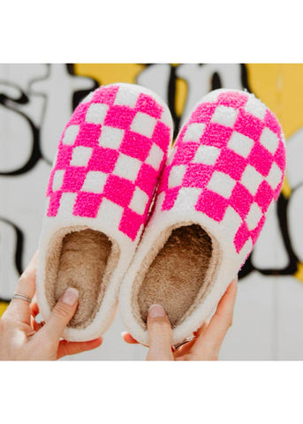 Hot Pink Checkered Pattern Slippers: White