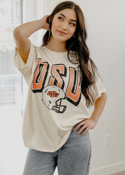 OSU Cowboys Helmet Fade Off White Thrifted Tee