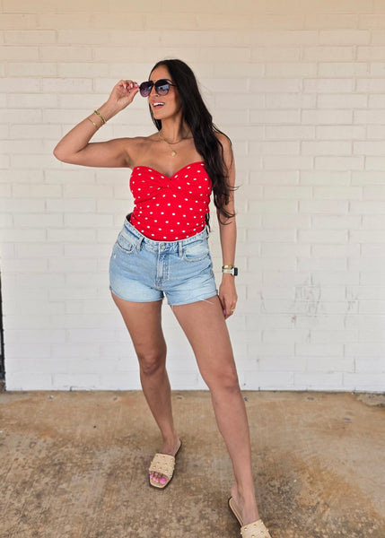 Flattering Lines Red/White Polka Dot Strapless Top