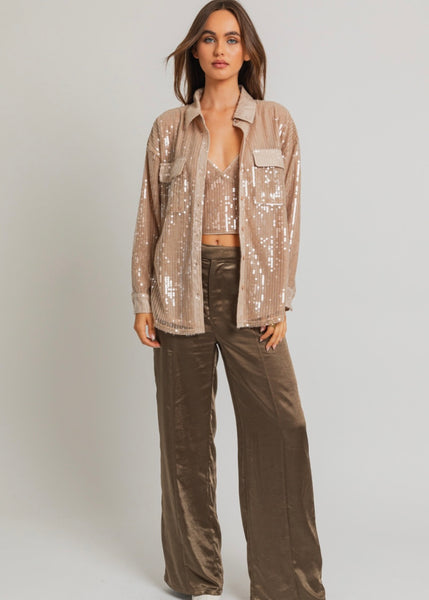 Life Is Good Taupe Sequin Button Up Shirt