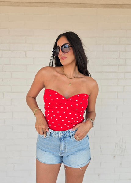 Flattering Lines Red/White Polka Dot Strapless Top