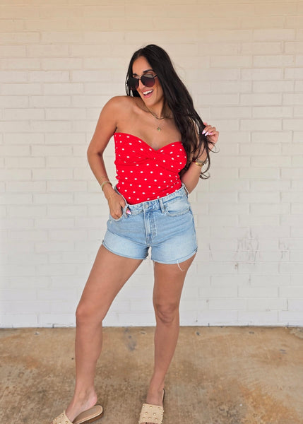 Flattering Lines Red/White Polka Dot Strapless Top