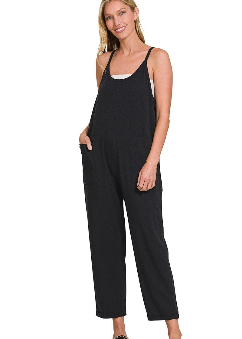 Subtle Stride Black Spaghetti Strap Pocketed Jumpsuit