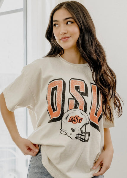 OSU Cowboys Helmet Fade Off White Thrifted Tee