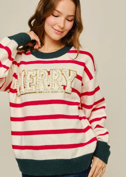 "Merry" Striped Pearl Christmas Sweater