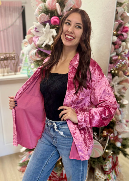 Holiday Velvet Button Up Top - Pink