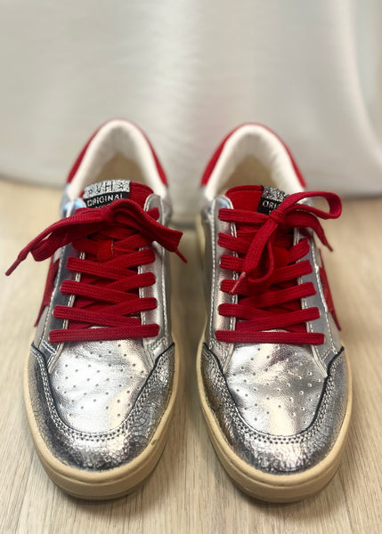 Vintage Havana: Denisse Metallic Washed Silver/ Red Sneakers