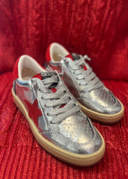 Vintage Havana: Denisse Metallic Washed Silver/ Red Sneakers