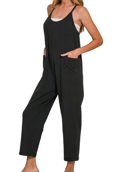 Subtle Stride Black Spaghetti Strap Pocketed Jumpsuit