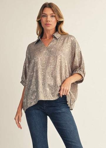 Shining Star Snake Print Shimmer Collared Top