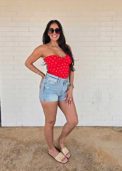 Flattering Lines Red/White Polka Dot Strapless Top