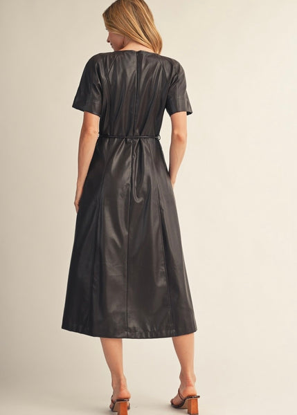 In My Rhythm Black Faux Leather Midi Dress