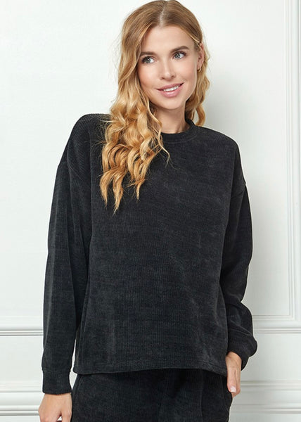 Just Relaxing Black Chenille 2 Pc Long Sleeve Set