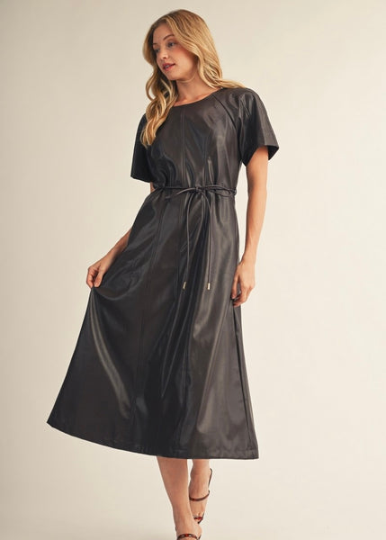 In My Rhythm Black Faux Leather Midi Dress
