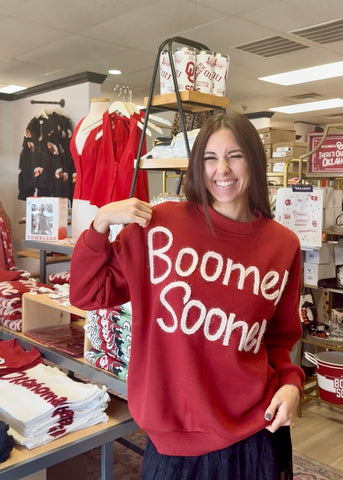 Crimson "Boomer Sooner" Metallic Stitched Fleece Sweatshirt
