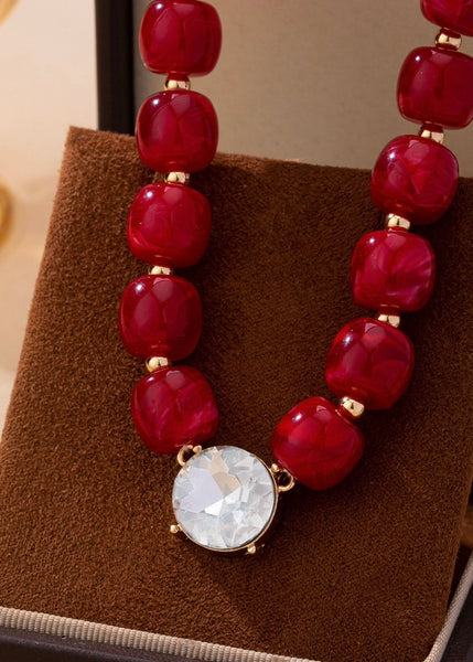 Red Beaded Crystal Pendant Necklace