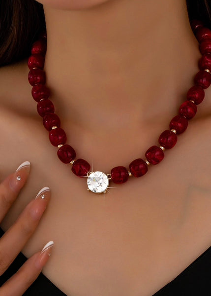 Red Beaded Crystal Pendant Necklace