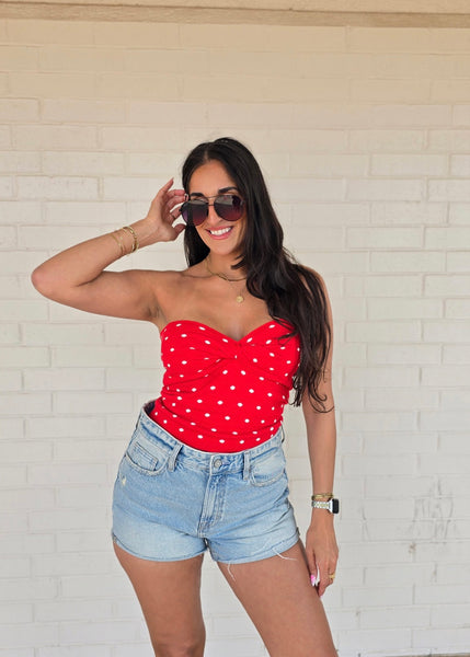 Flattering Lines Red/White Polka Dot Strapless Top
