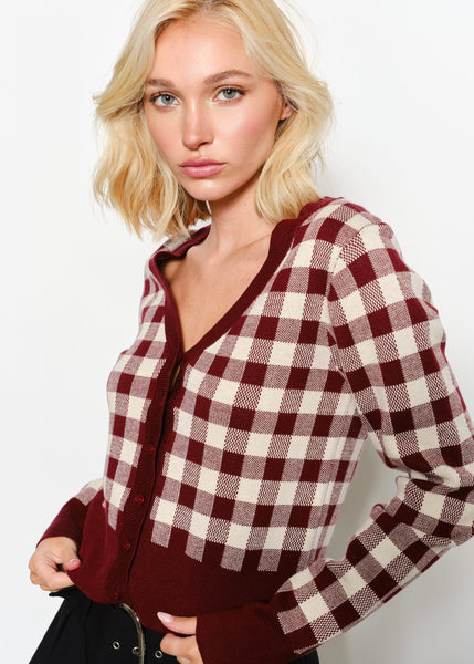 Got It All Burgundy Gingham Cardigan