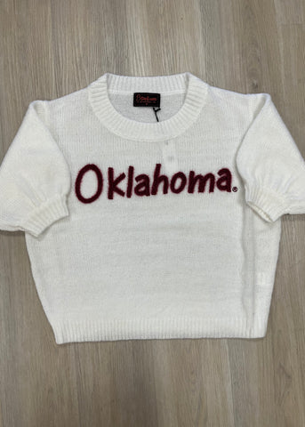 "Oklahoma" WHITE Stadium Sweater Top with CRIMSON Lettering