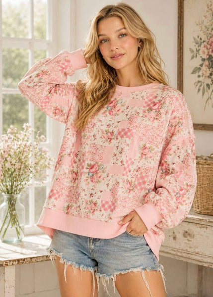 All Sweet Pink Floral Patchwork Oversized Sweatshirt