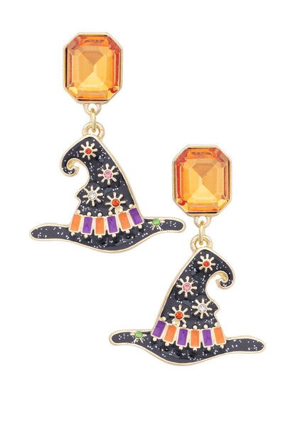 Rhinestone Witch Hat Enamel Drop Earrings in Orange