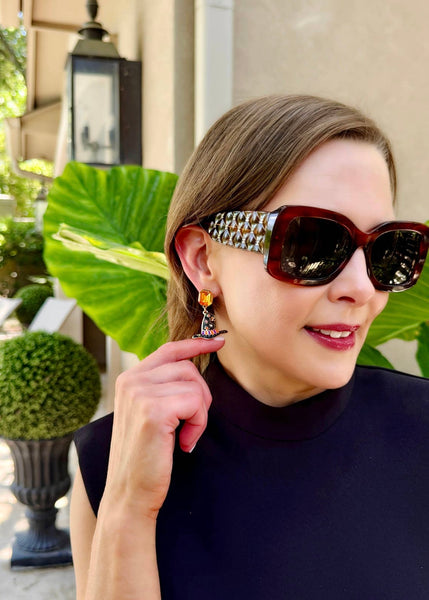 Rhinestone Witch Hat Enamel Drop Earrings in Orange