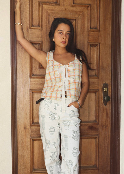 Field Of Love Orange Plaid Front Tie Top