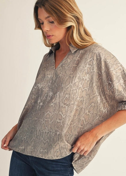 Shining Star Snake Print Shimmer Collared Top