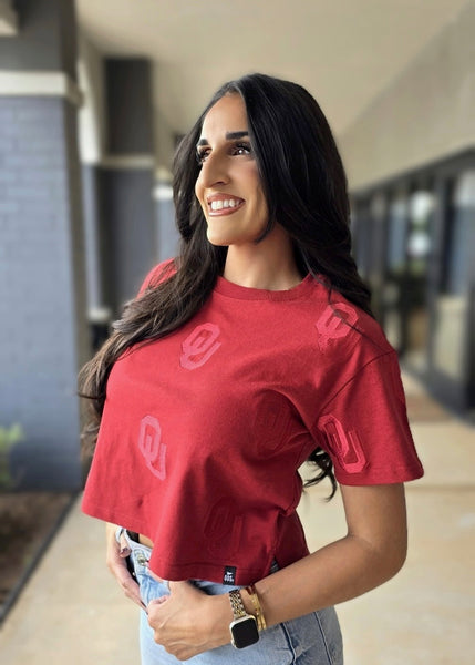 OU Ritter On Repeat Crimson Crop Tee