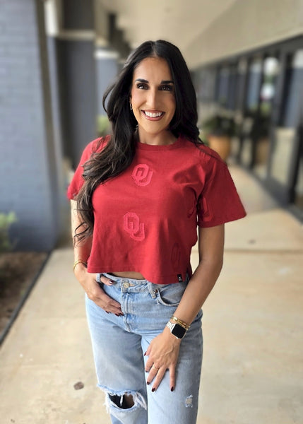 OU Ritter On Repeat Crimson Crop Tee