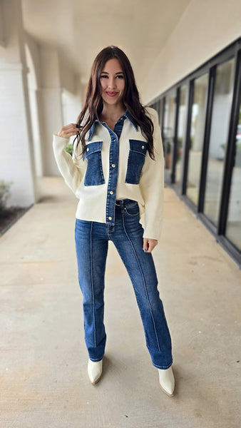 No Cares Denim And Cream Cardigan