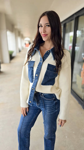 No Cares Denim And Cream Cardigan