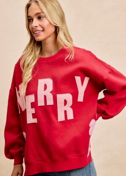 Merry Side Bow Christmas Sweatshirt - Red/Pink