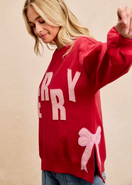 Merry Side Bow Christmas Sweatshirt - Red/Pink