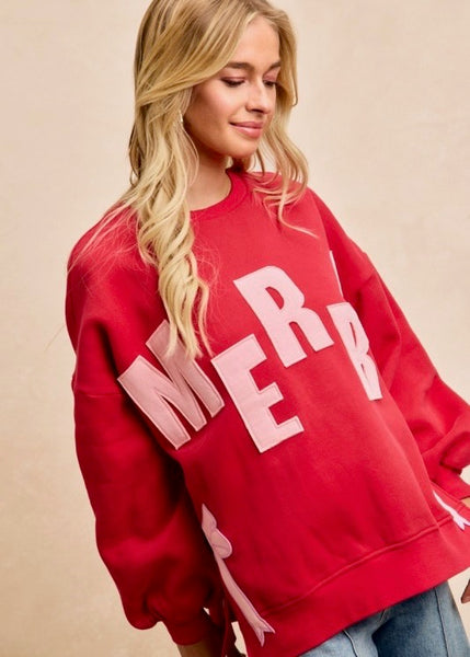 Merry Side Bow Christmas Sweatshirt - Red/Pink