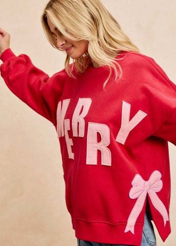 Merry Side Bow Christmas Sweatshirt - Red/Pink