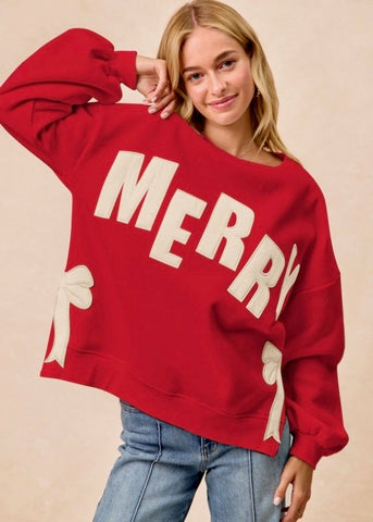 Merry Side Bow Christmas Sweatshirt - Red/Cream