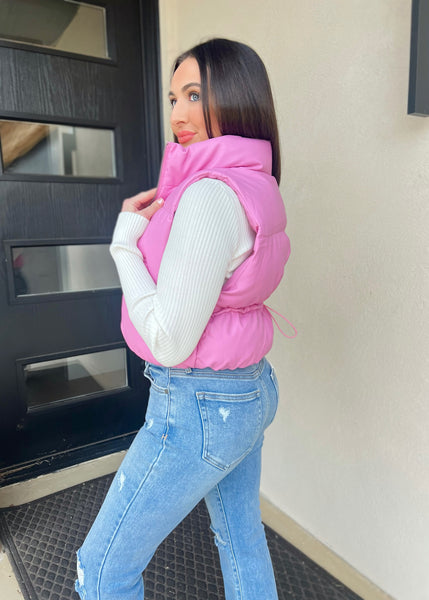 Going Places Pink Leather Cropped Puffer Vest