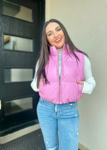 Going Places Pink Leather Cropped Puffer Vest