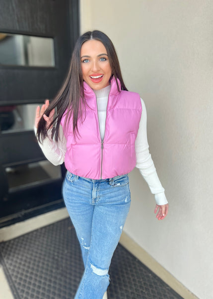 Going Places Pink Leather Cropped Puffer Vest