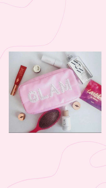 Pink Glam Makeup Bag With Pearl Lettering