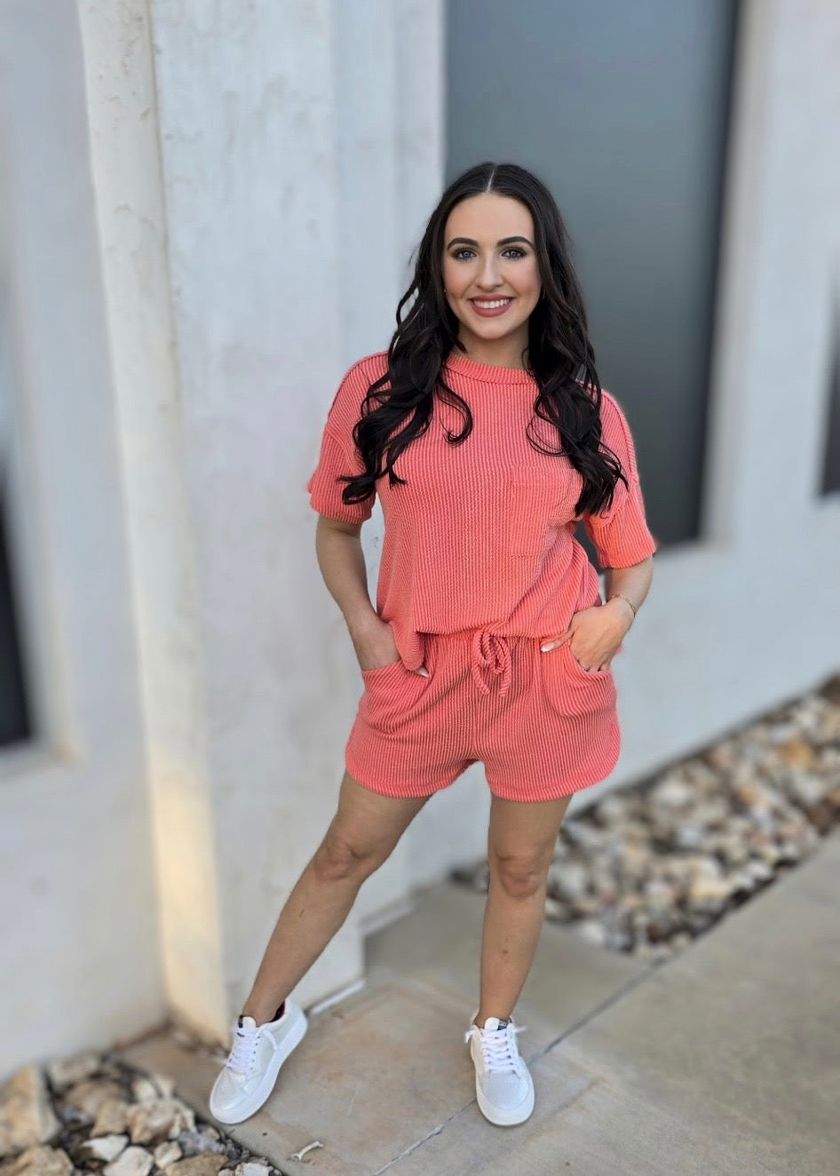 Always On Time Coral 2 Pc Short Set