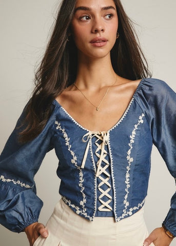 Blow My Mind Denim Lace Up Top
