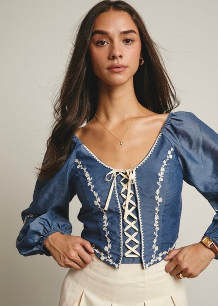 Blow My Mind Denim Lace Up Top