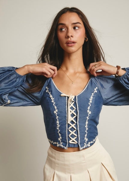 Blow My Mind Denim Lace Up Top