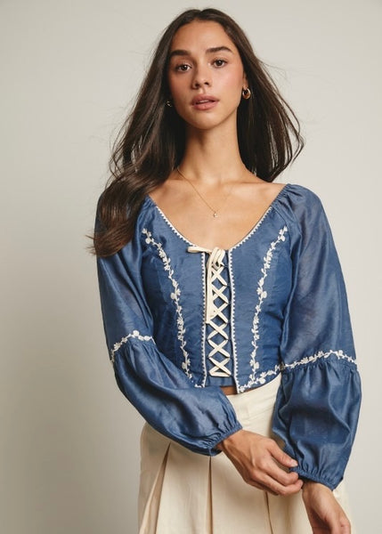 Blow My Mind Denim Lace Up Top