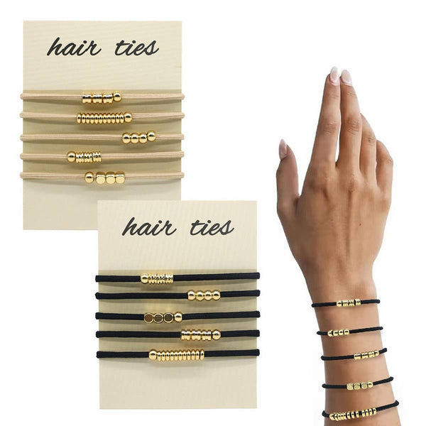 Beige Hair Ties With Gold Beaded Detail
